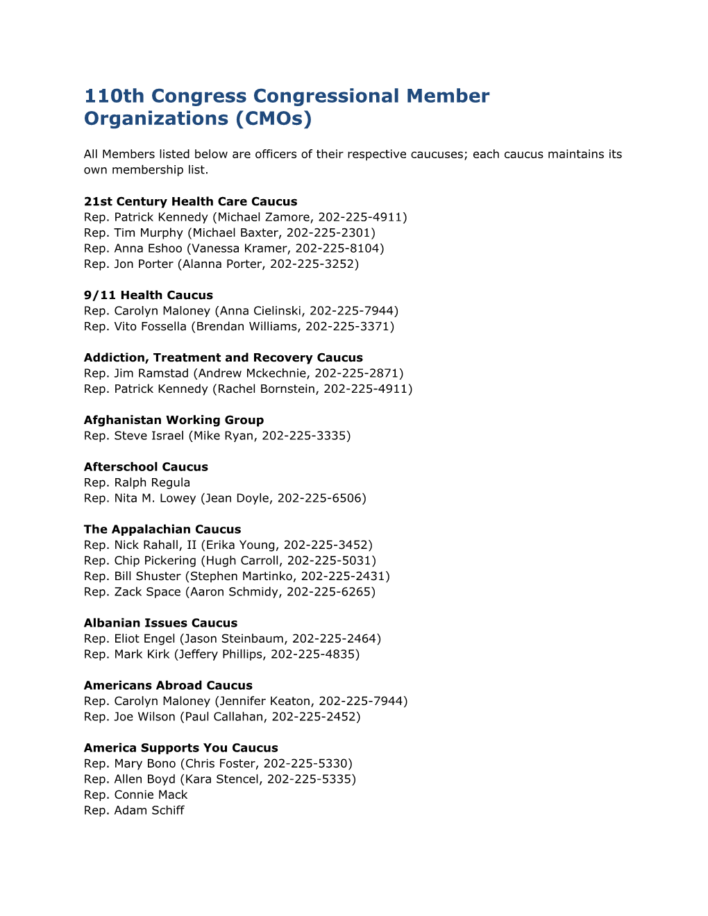 110Th Congress Congressional Member Organizations (Cmos)