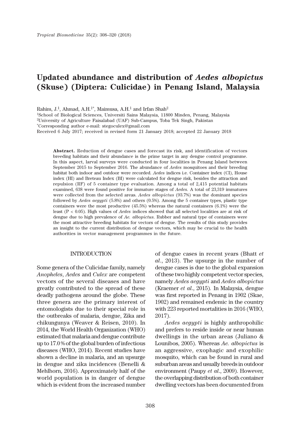 308-320 : Updated Abundance and Distribution of Aedes Albopictus