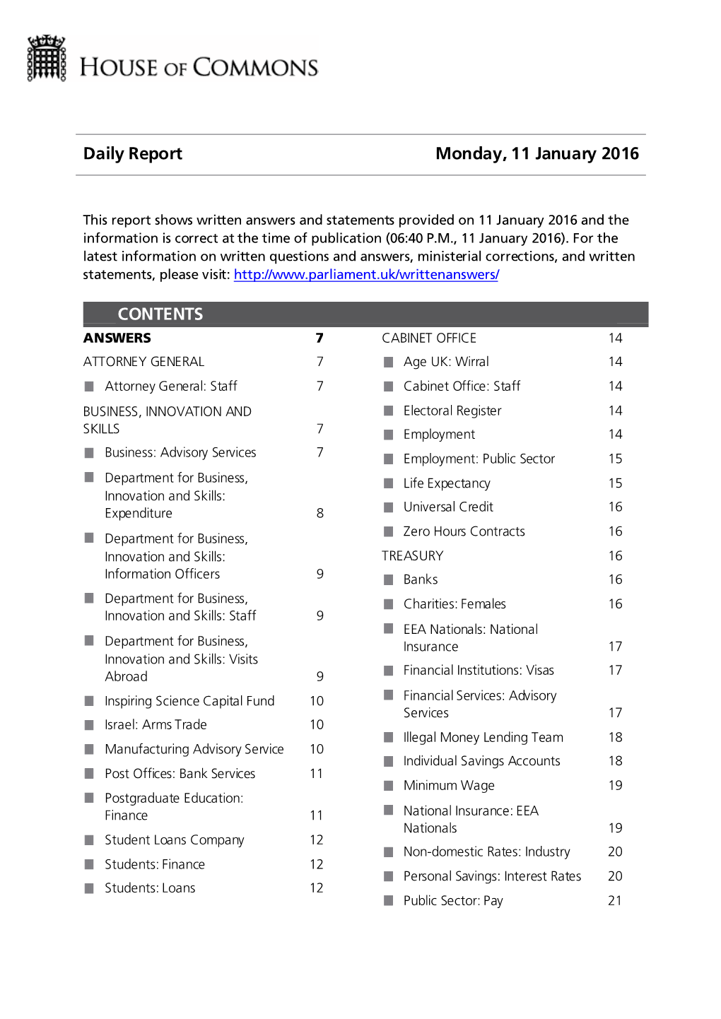 Daily Report Monday, 11 January 2016 CONTENTS