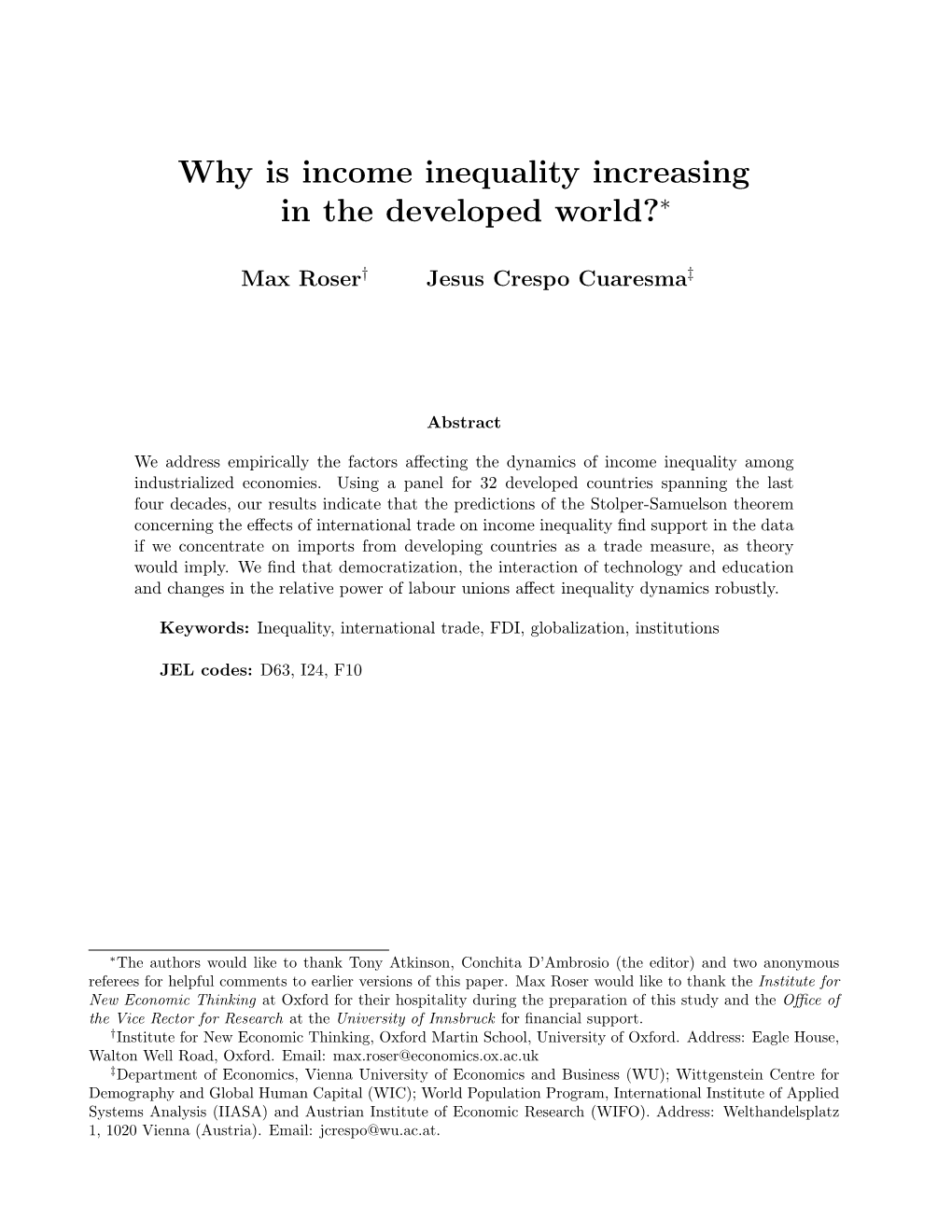 Why Is Income Inequality Increasing in the Developed World?∗