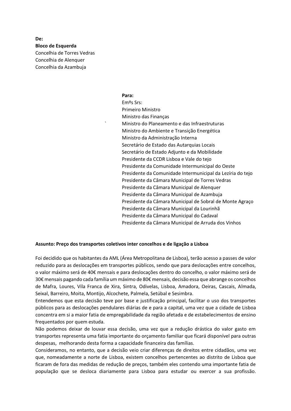 De: Bloco De Esquerda Concelhia De Torres Vedras Concelhia De Alenquer Concelhia Da Azambuja