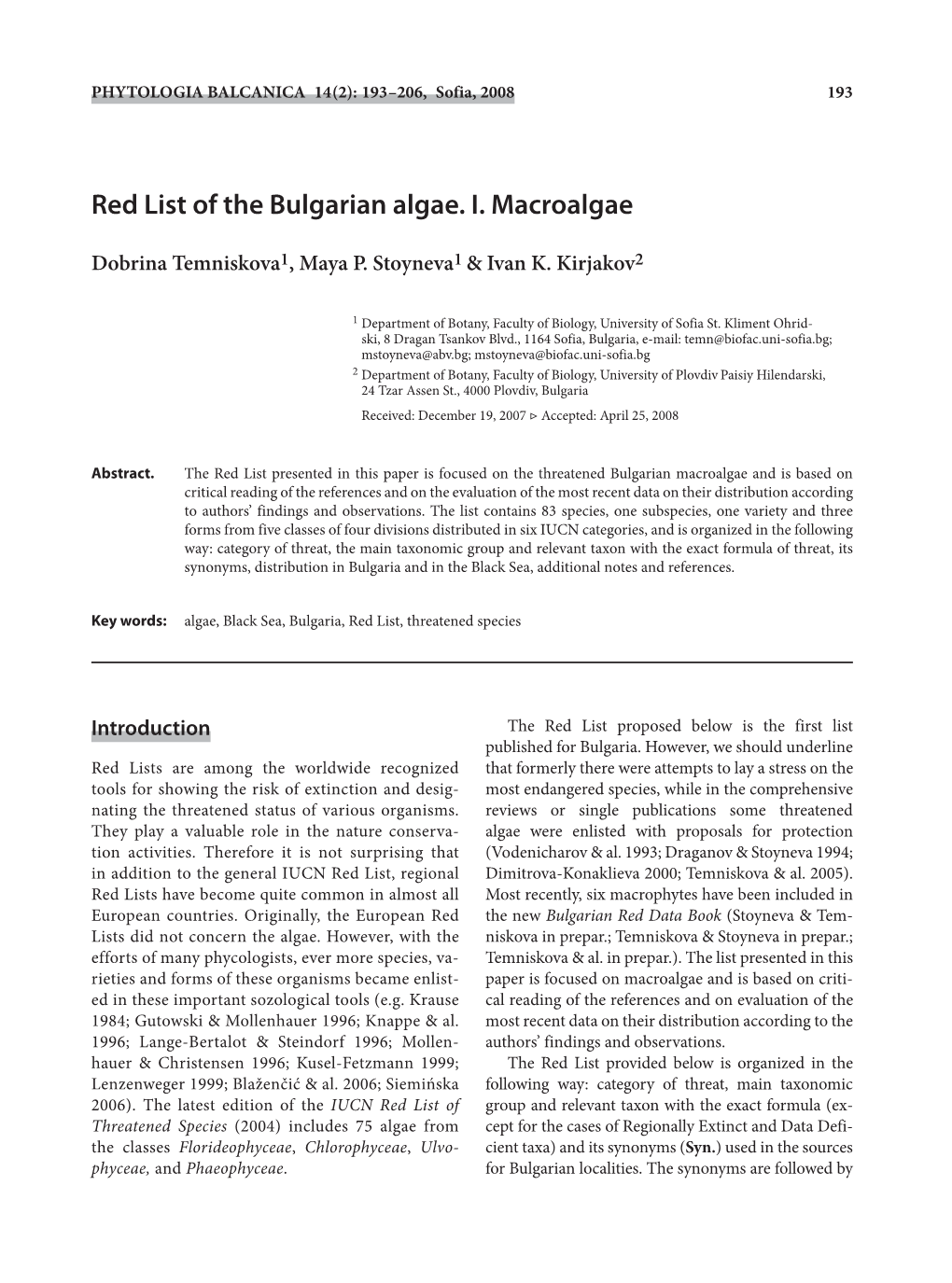 Red List of the Bulgarian Algae. I. Macroalgae