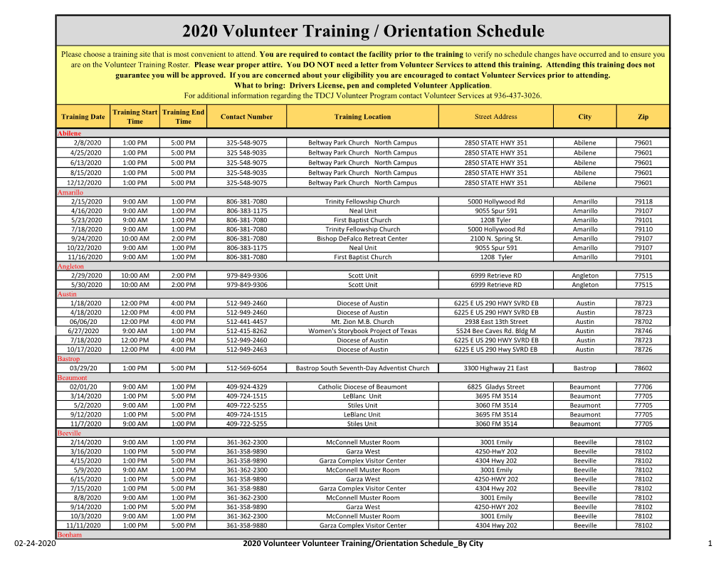 Volunteer Training Schedule City