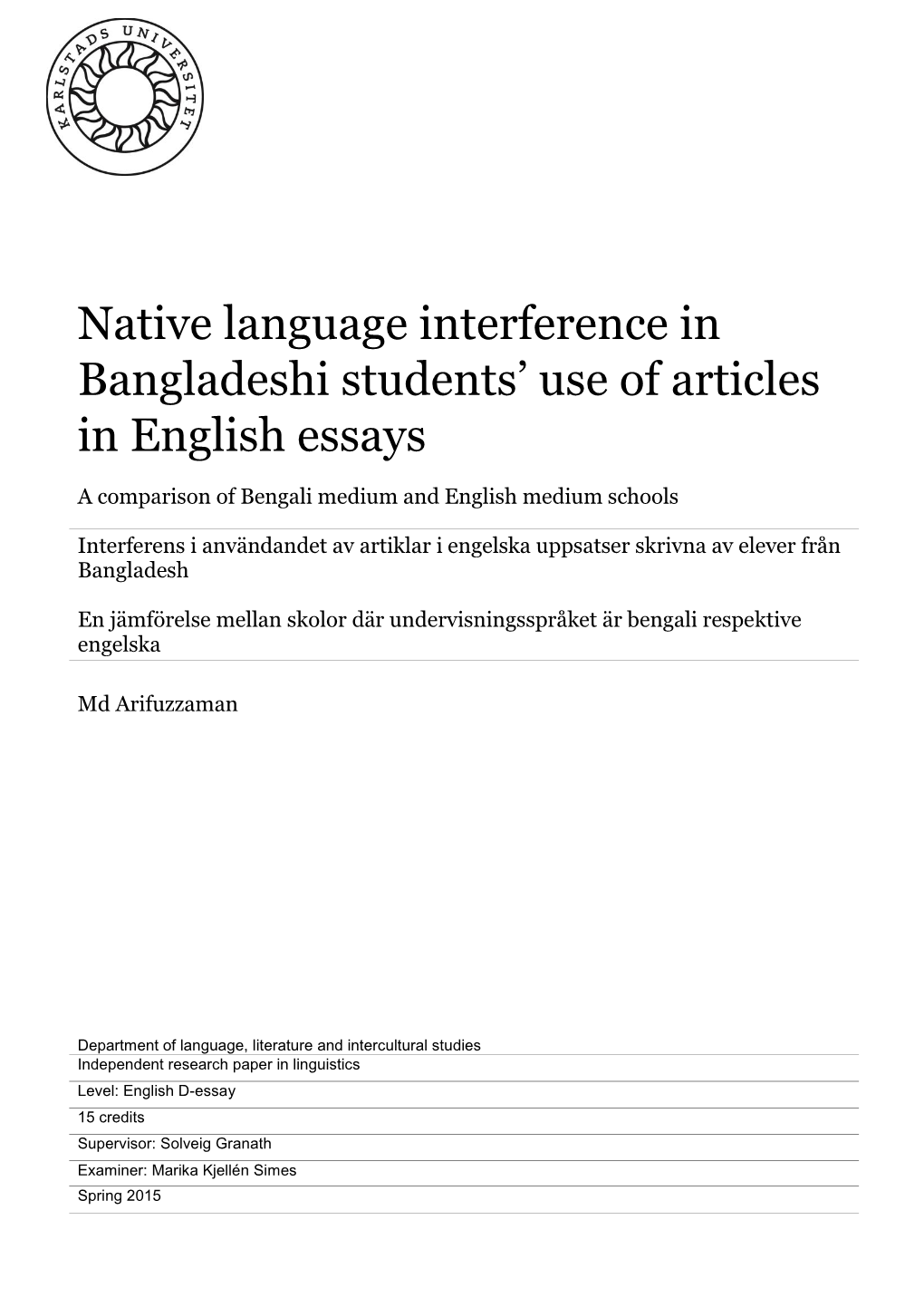 Native Language Interference in Bangladeshi Students' Use of Articles in English Essays