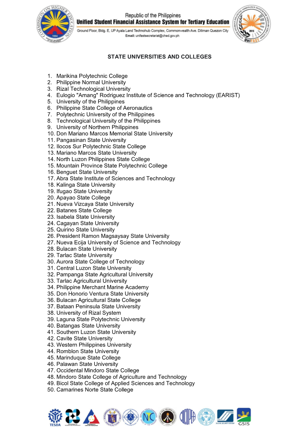 STATE UNIVERSITIES and COLLEGES 1. Marikina Polytechnic