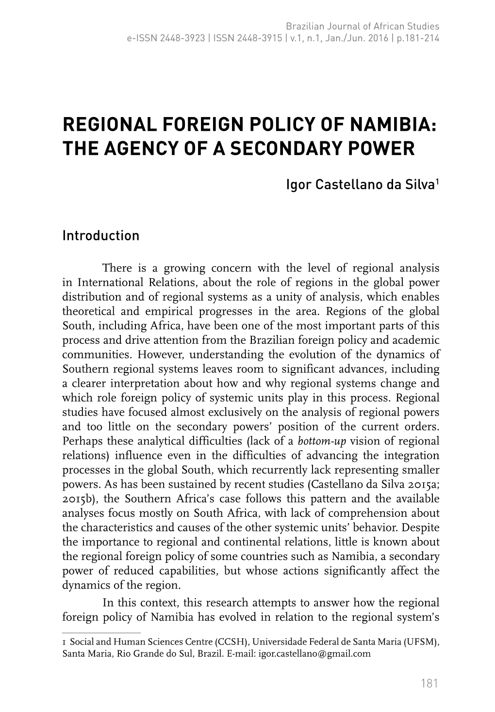 Regional Foreign Policy of Namibia: the Agency of a Secondary Power