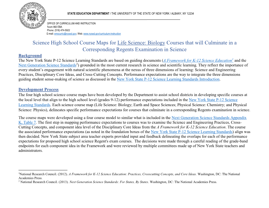 Science High School Course Maps for Life Science: Biology