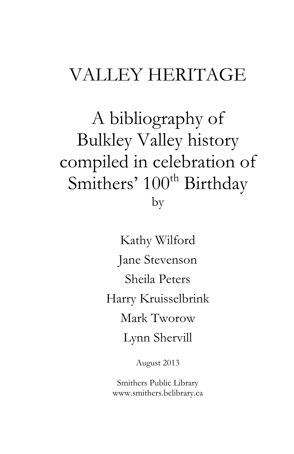 Bulkley Valley History Bibliography