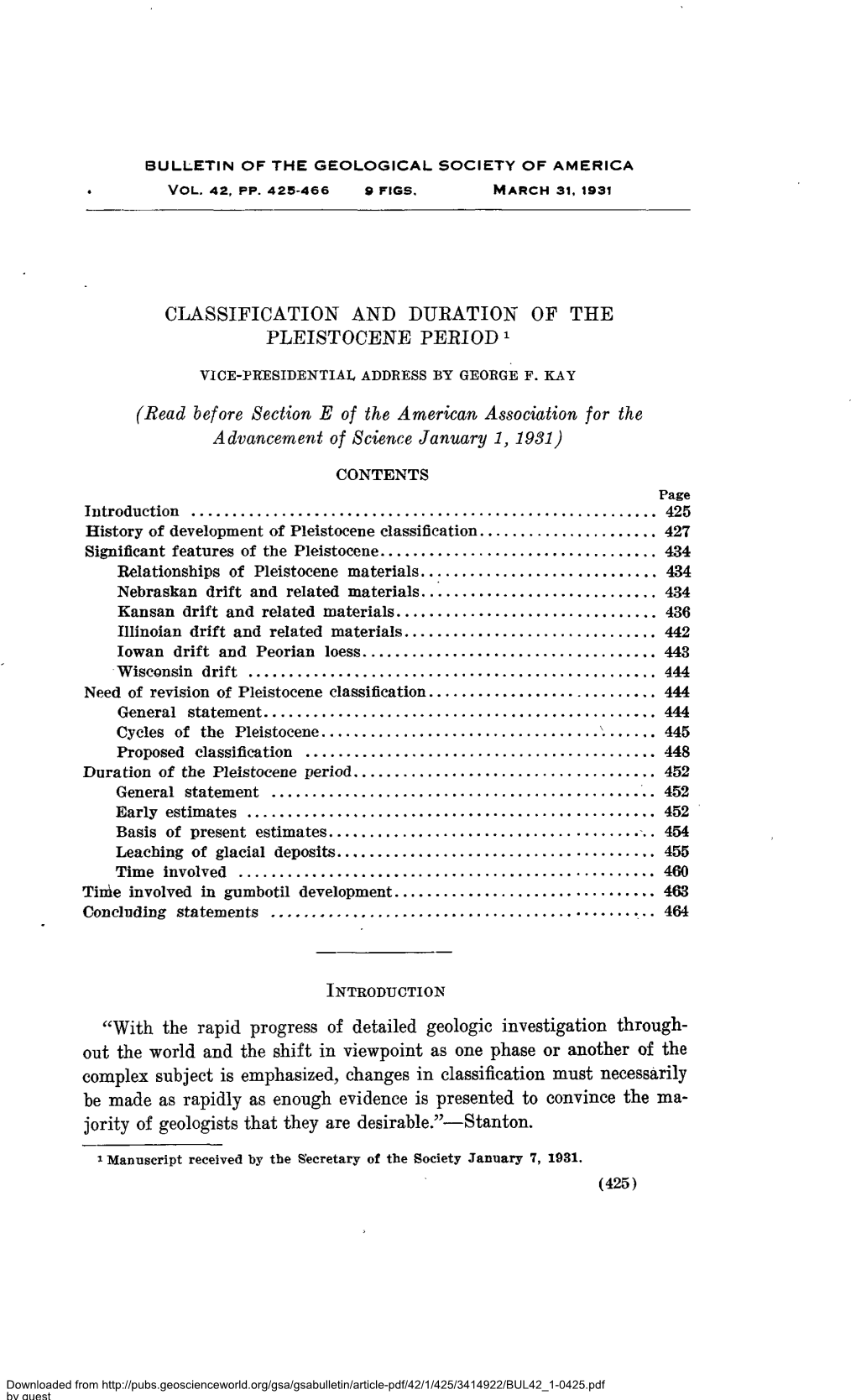 Classification and Duration of the Pleistocene Period 1