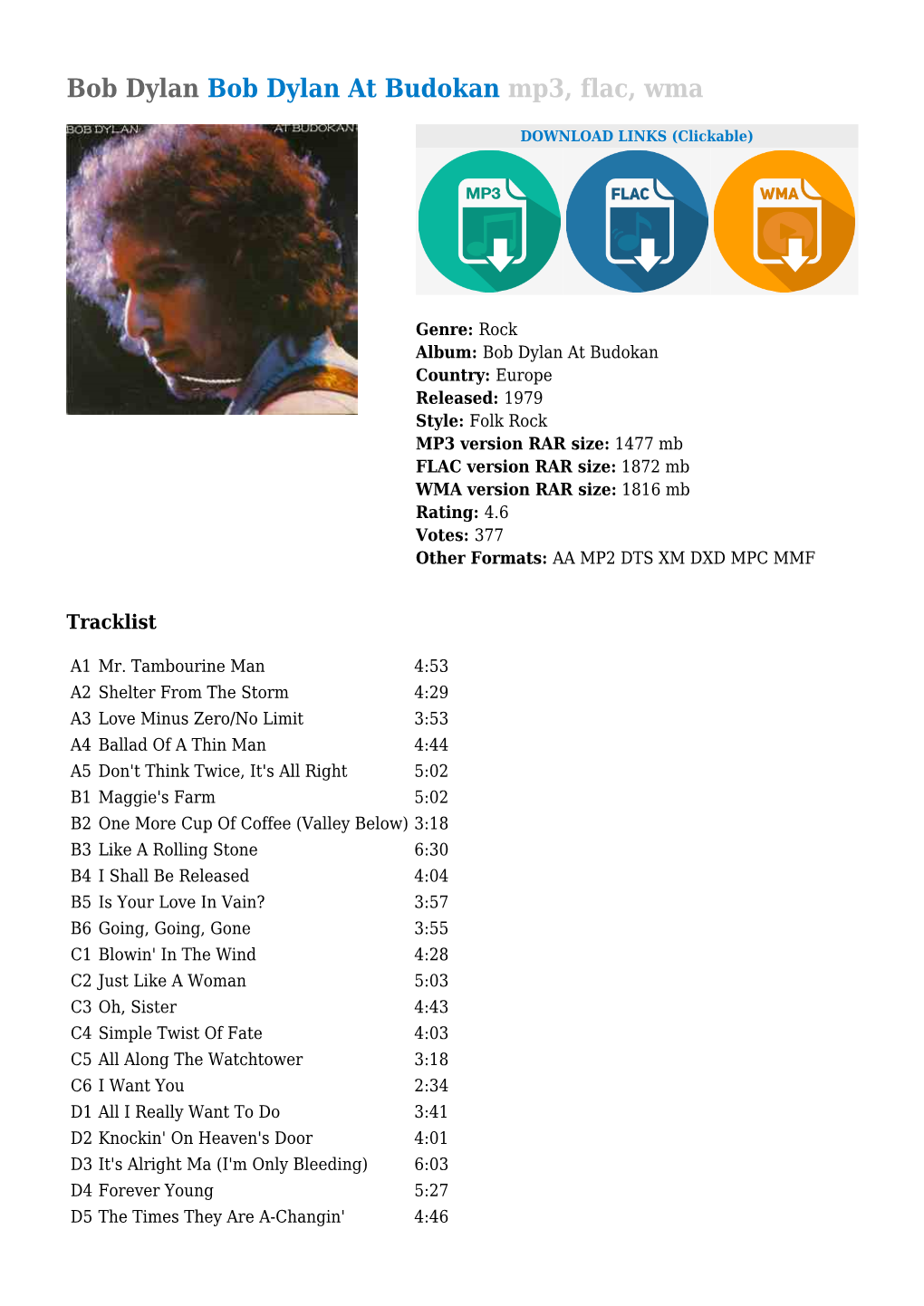 Bob Dylan Bob Dylan at Budokan Mp3, Flac, Wma