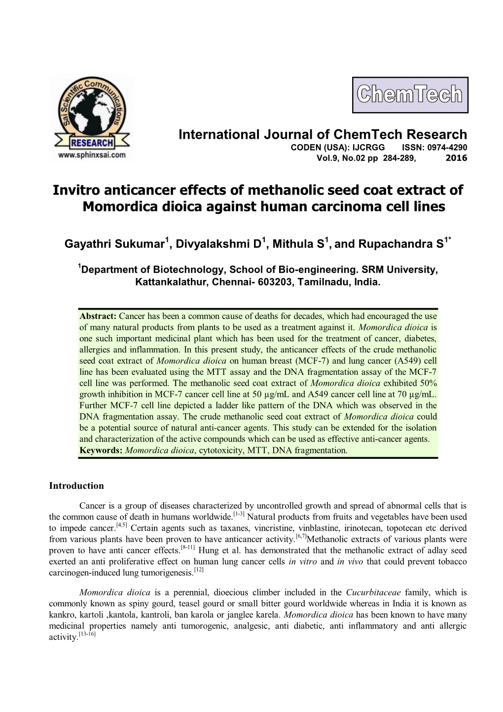 Invitro Anticancer Effects of Methanolic Seed Coat Extract of Momordica Dioica Against Human Carcinoma Cell Lines