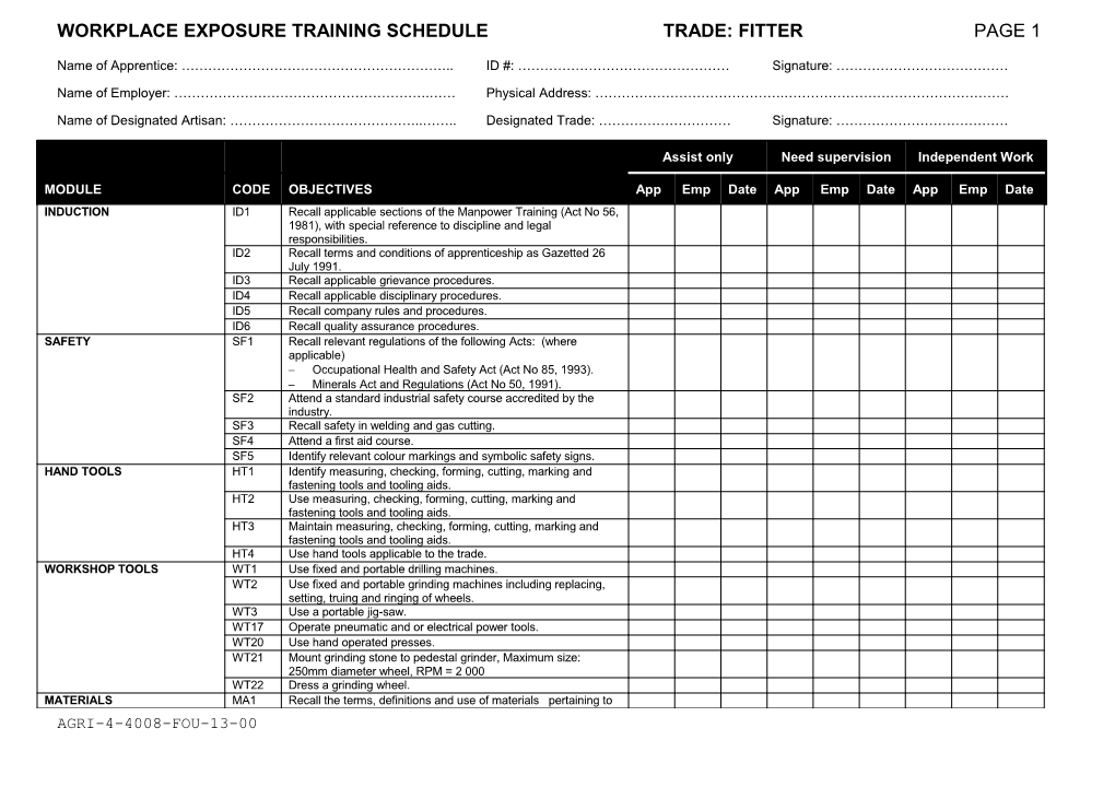 Workplace Exposure Training Schedule Trade: Fitter Page 6