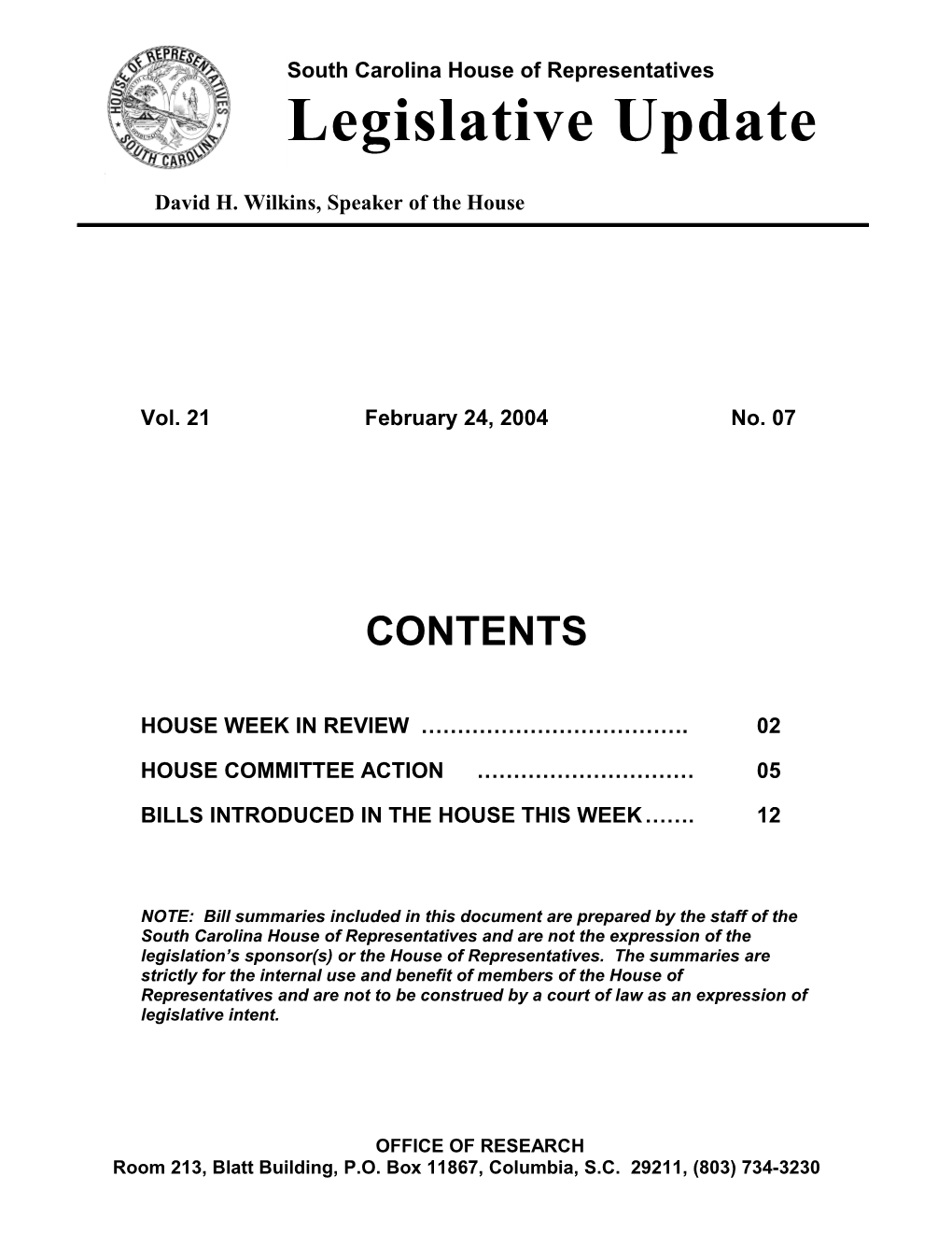 Legislative Update - Vol. 21 No. 07 February 24, 2004 - South Carolina Legislature Online