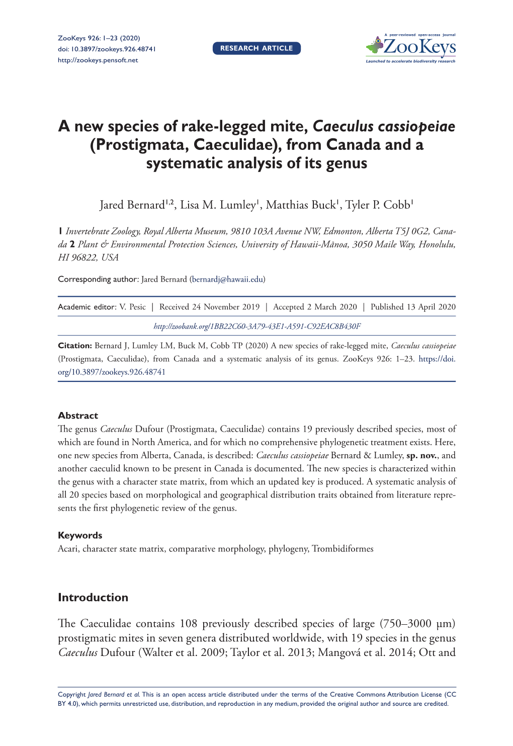 A New Species of Rake-Legged Mite, Caeculus Cassiopeiae (Prostigmata, Caeculidae), from Canada and a Systematic Analysis of Its Genus