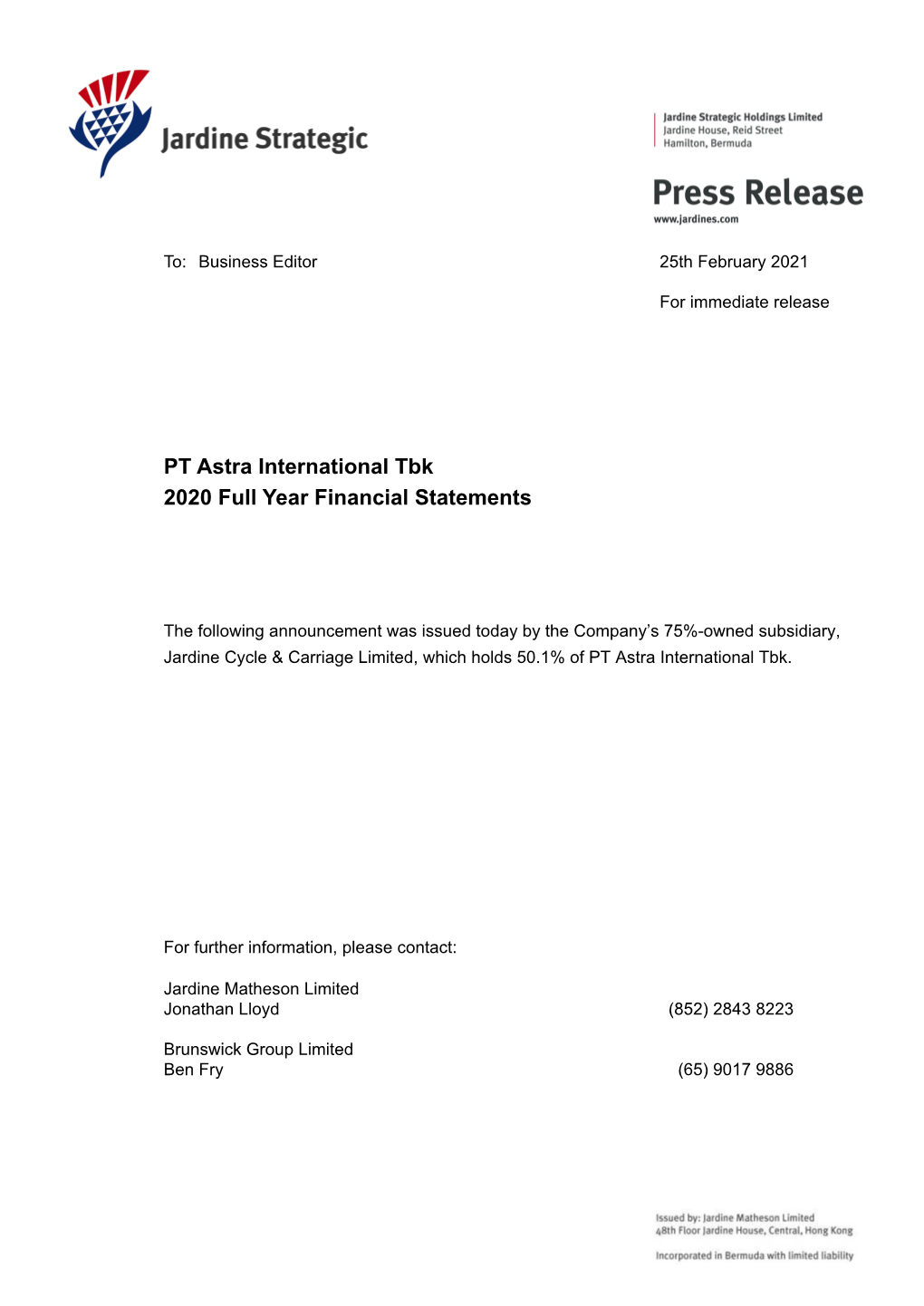 PT Astra International Tbk 2020 Full Year Financial Statements