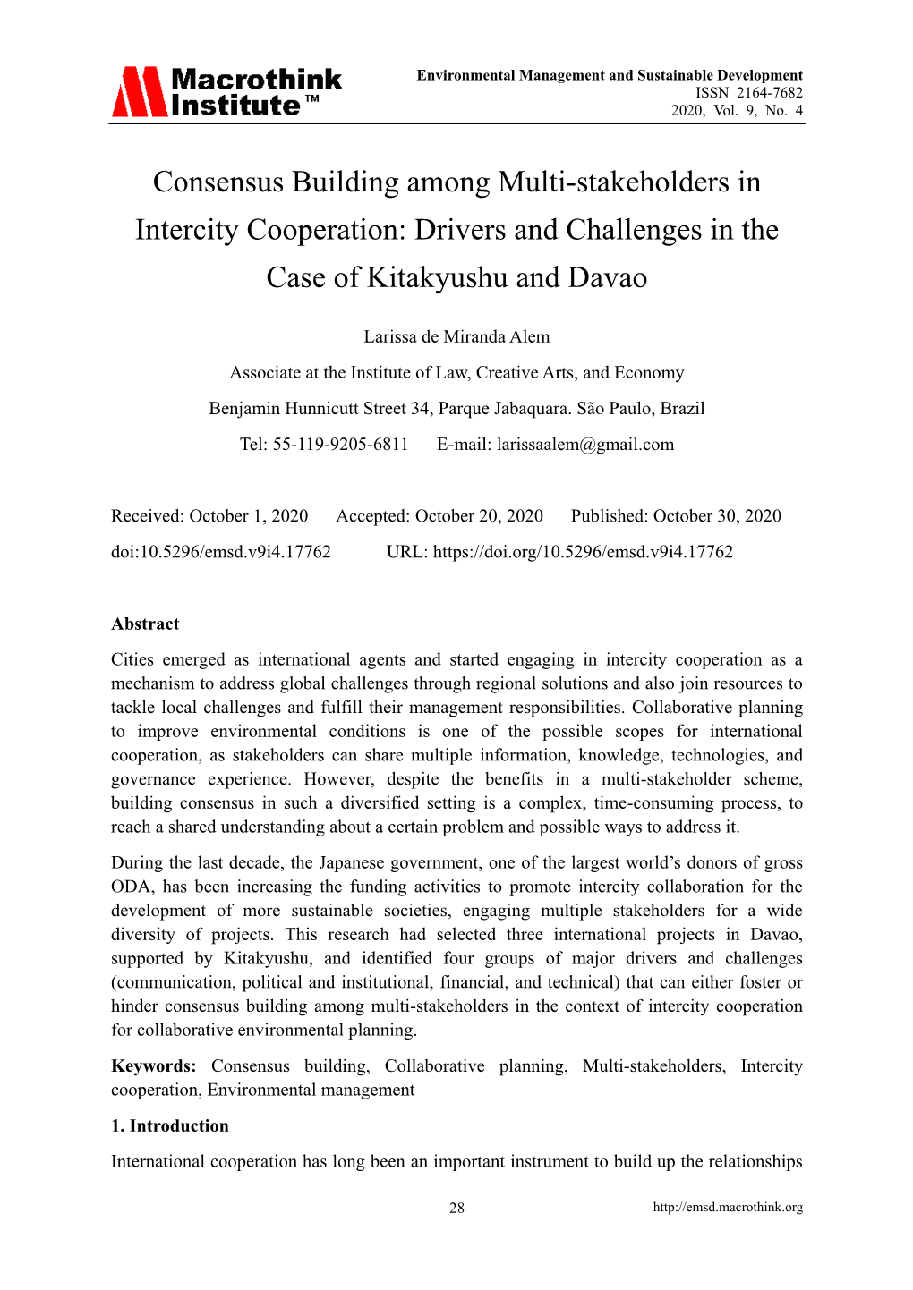 Consensus Building Among Multi-Stakeholders in Intercity Cooperation: Drivers and Challenges in the Case of Kitakyushu and Davao