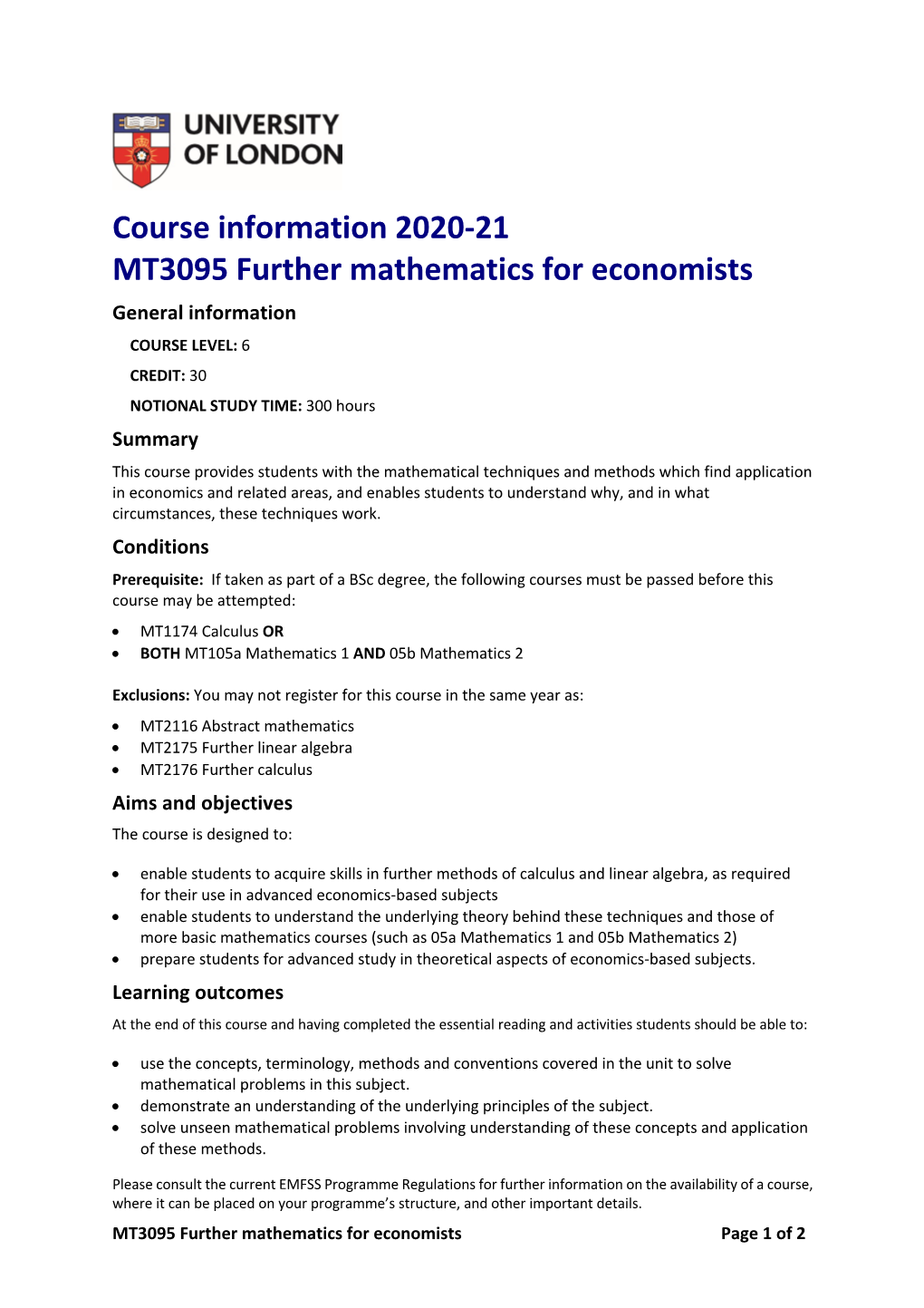 Course Information 2020-21 MT3095 Further Mathematics for Economists
