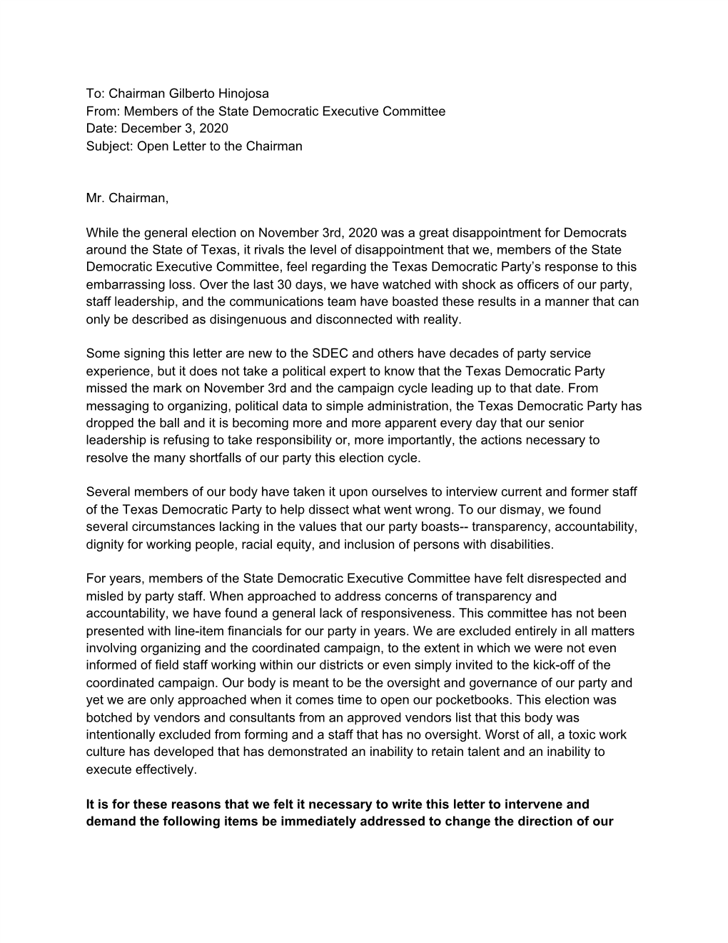 Chairman Gilberto Hinojosa From: Members of the State Democratic Executive Committee Date: December 3, 2020 Subject: Open Letter to the Chairman