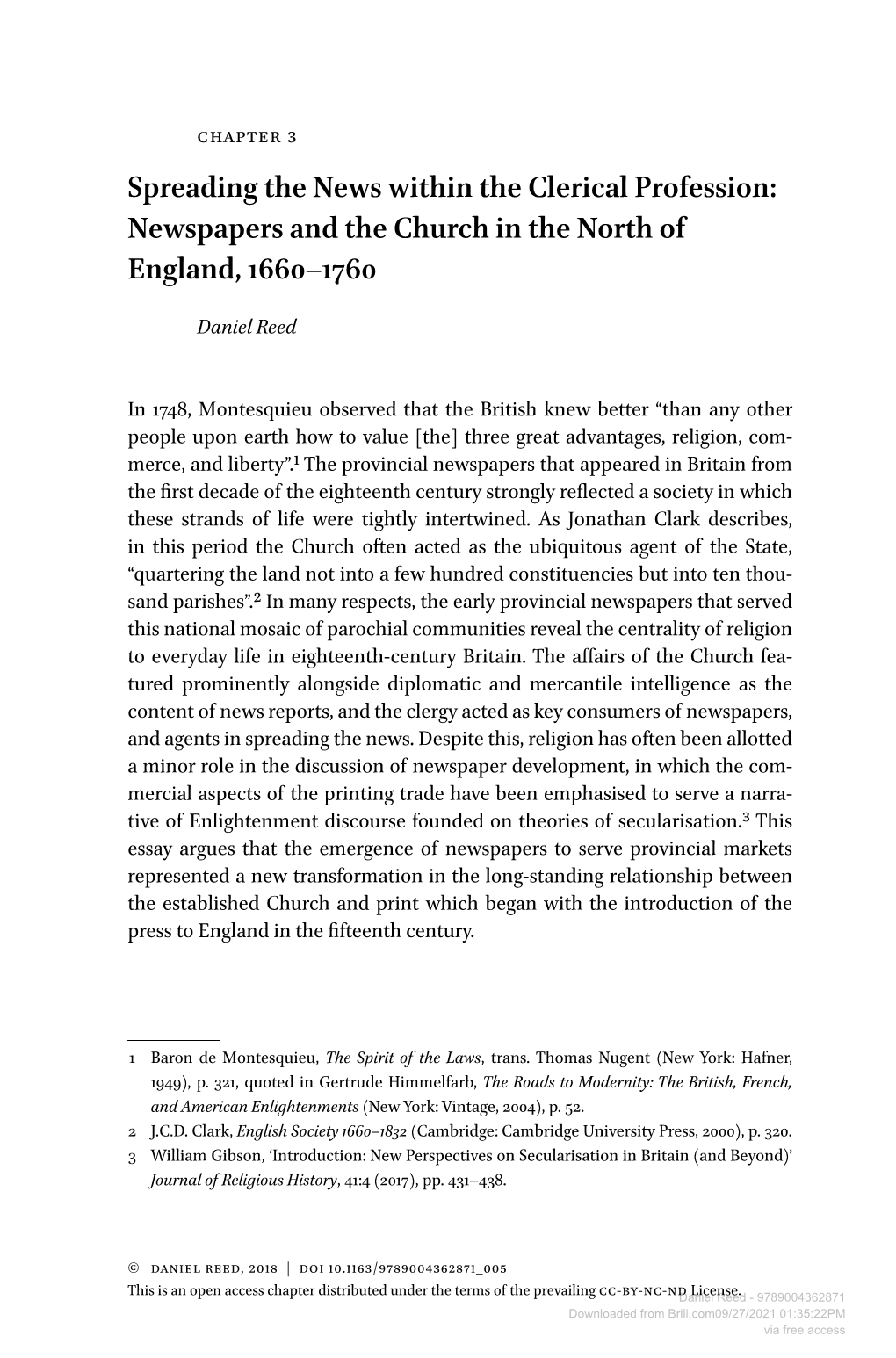 Spreading the News Within the Clerical Profession: Newspapers and the Church in the North of England, 1660–1760