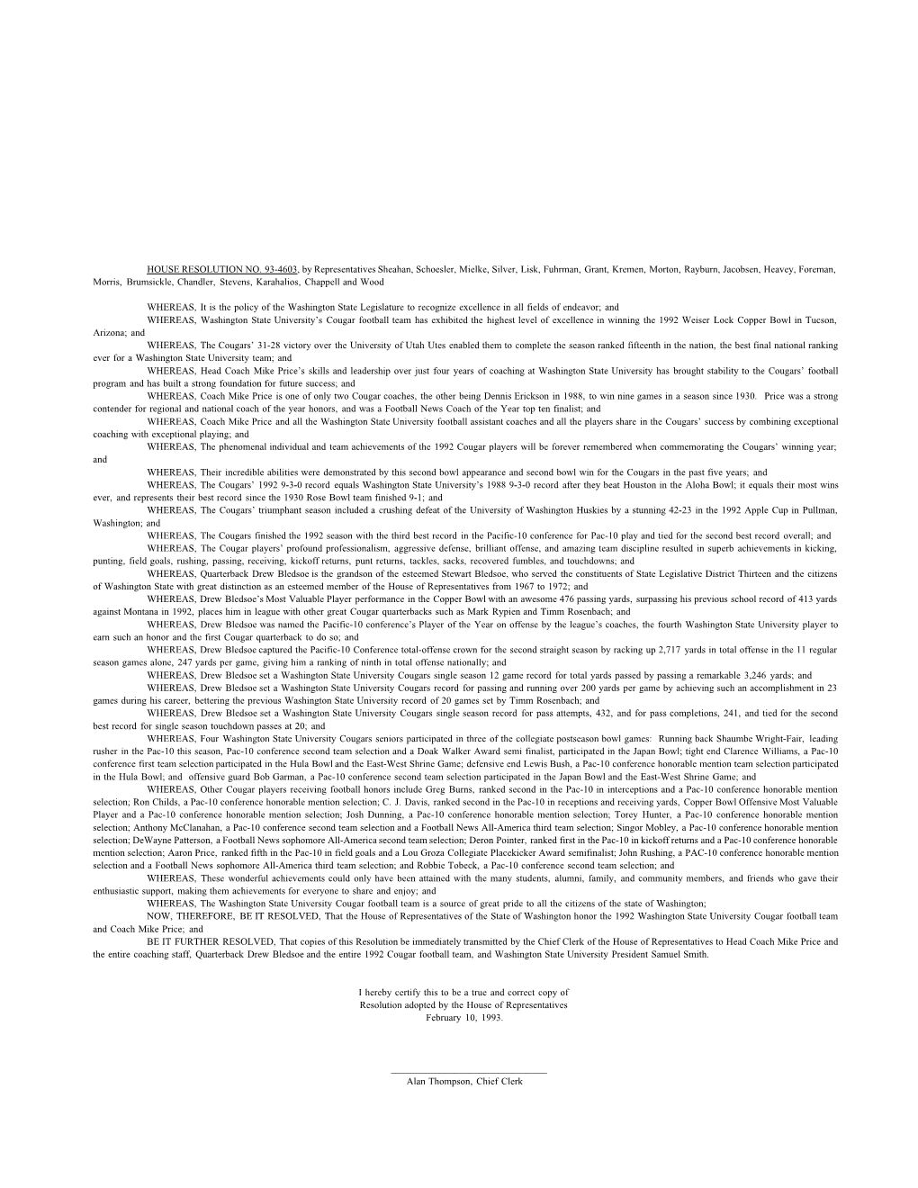 HOUSE RESOLUTION NO. 93-4603, by Representatives Sheahan