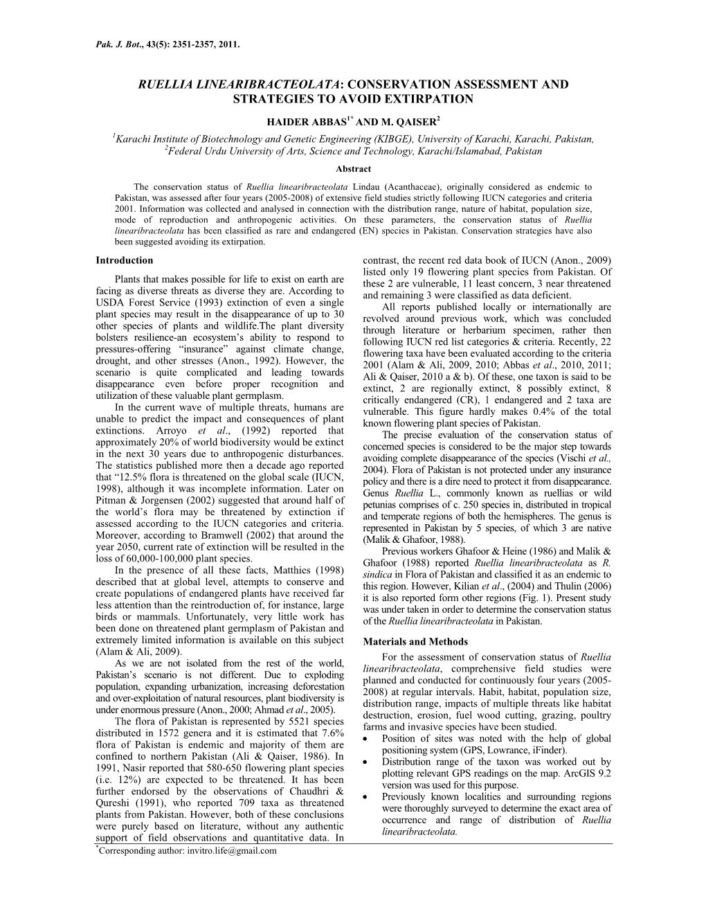 Ruellia Linearibracteolata: Conservation Assessment and Strategies to Avoid Extirpation