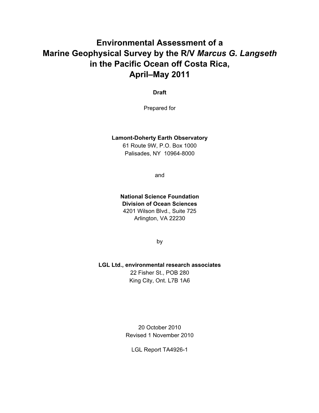 Environmental Assessment of a Marine Geophysical Survey by the R/V Marcus G