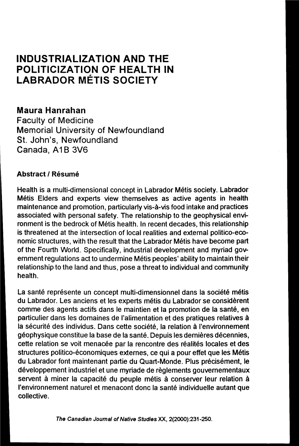 Industrialization and the Politicization of Health in Labrador Metis Society