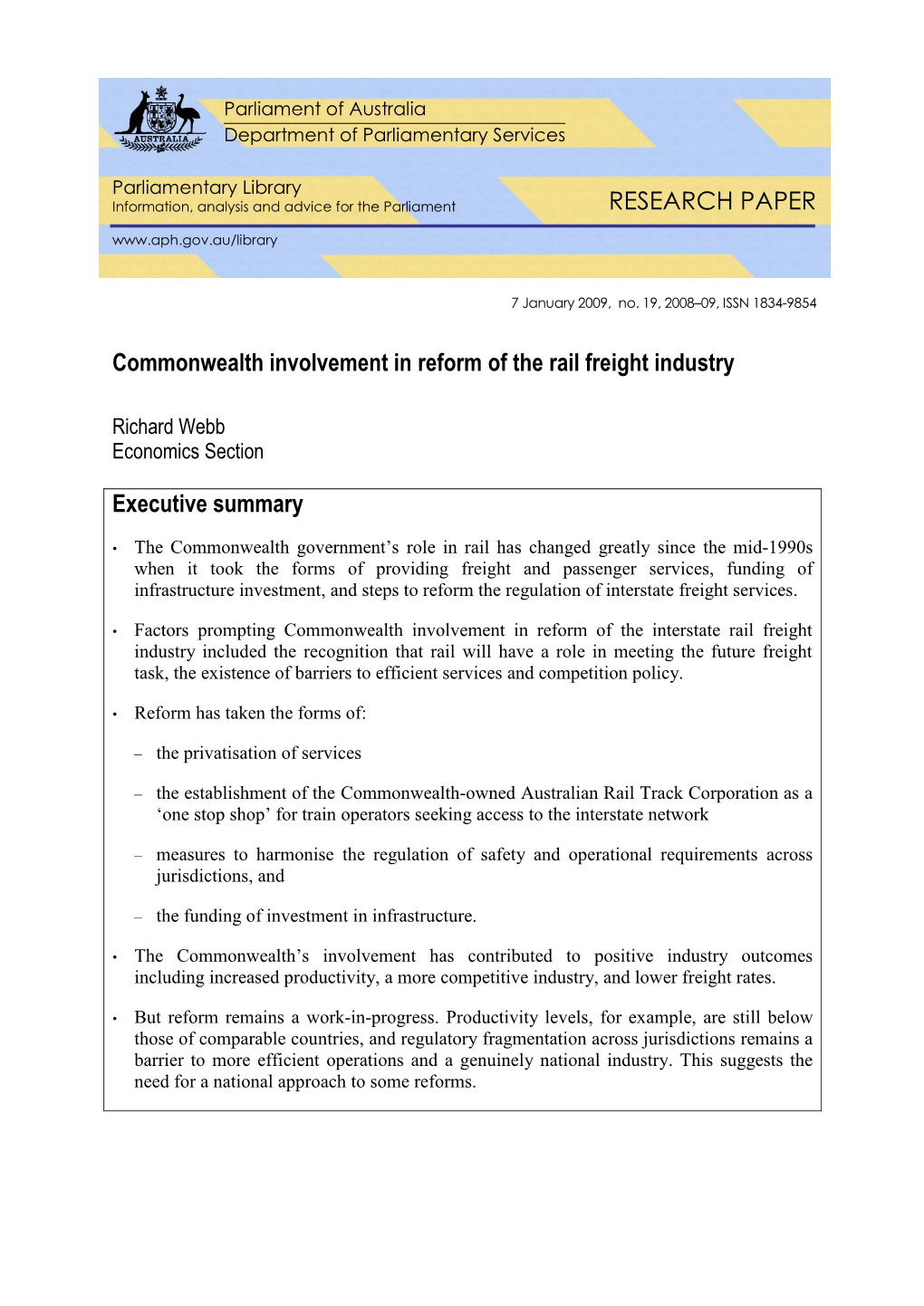 Commonwealth Involvement in Reform of the Rail Freight Industry