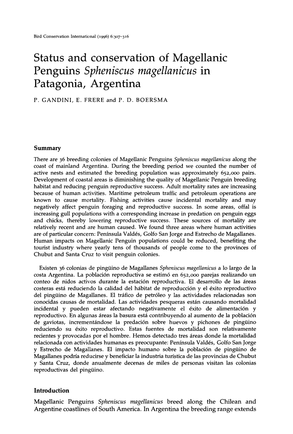 Status and Conservation of Magellanic Penguins Spheniscus Magellanicus in Patagonia, Argentina
