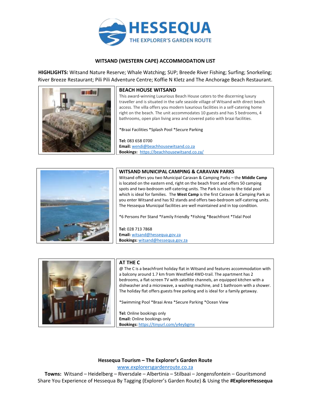 List of Accommodation in Witsand