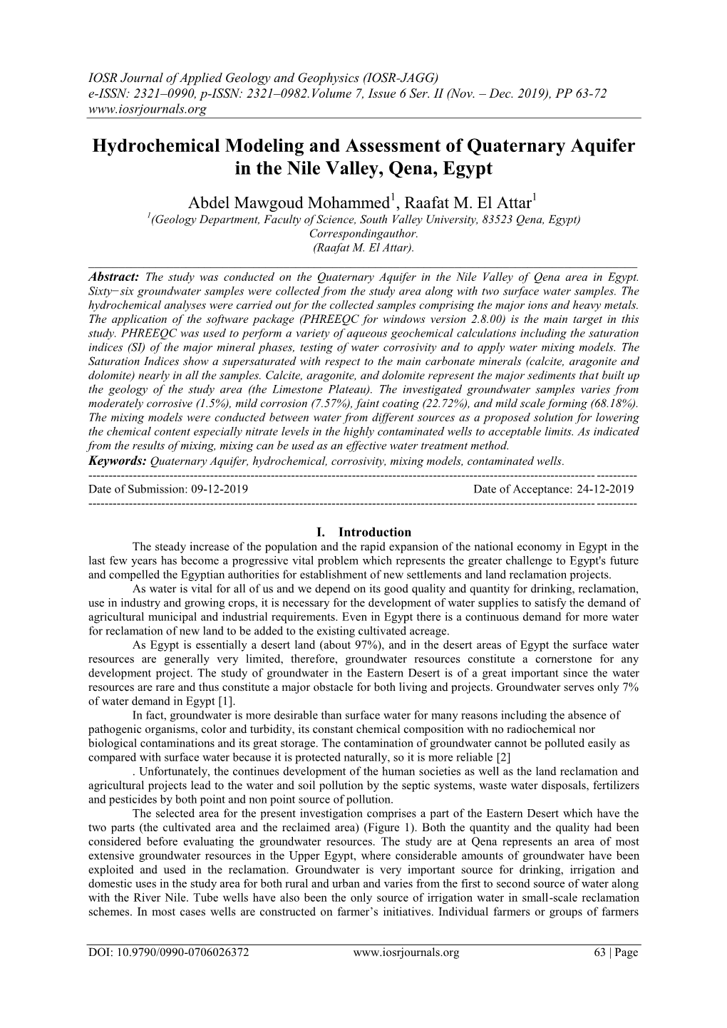 Hydrochemical Modeling and Assessment of Quaternary Aquifer in the Nile Valley, Qena, Egypt