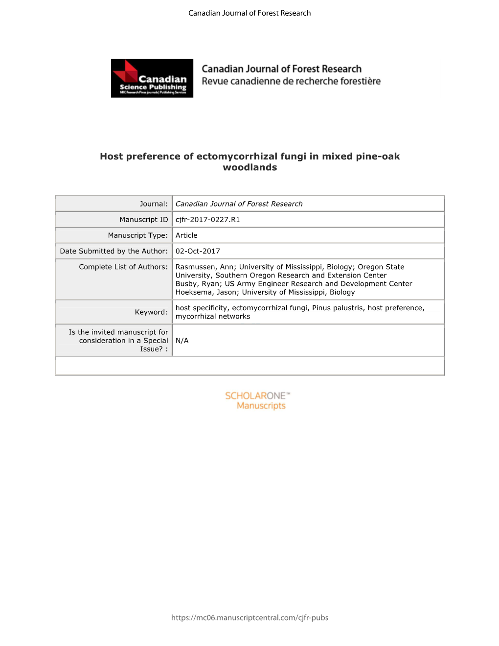 Host Preference of Ectomycorrhizal Fungi in Mixed Pine-Oak Woodlands