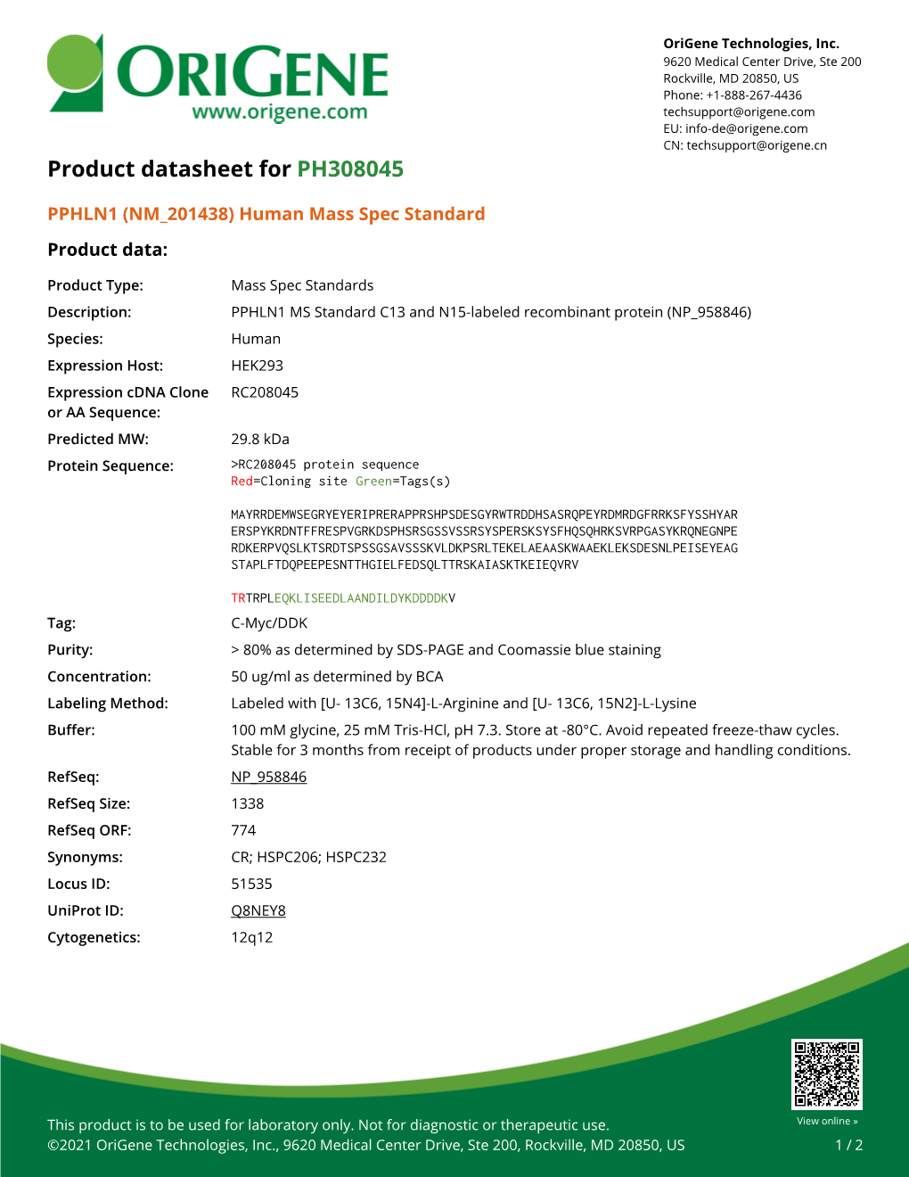 PPHLN1 (NM 201438) Human Mass Spec Standard Product Data