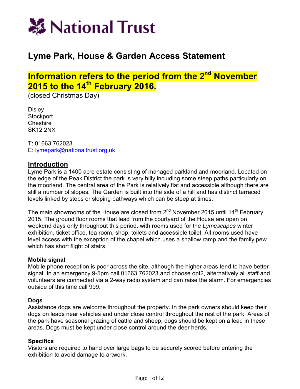 Lyme Park, House & Garden Access Statement Information Refers to The