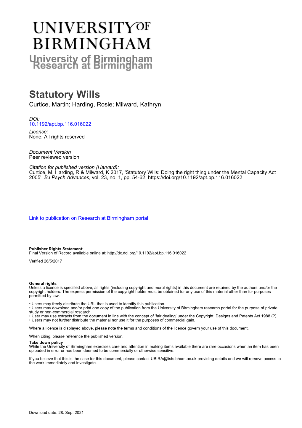 University of Birmingham Statutory Wills