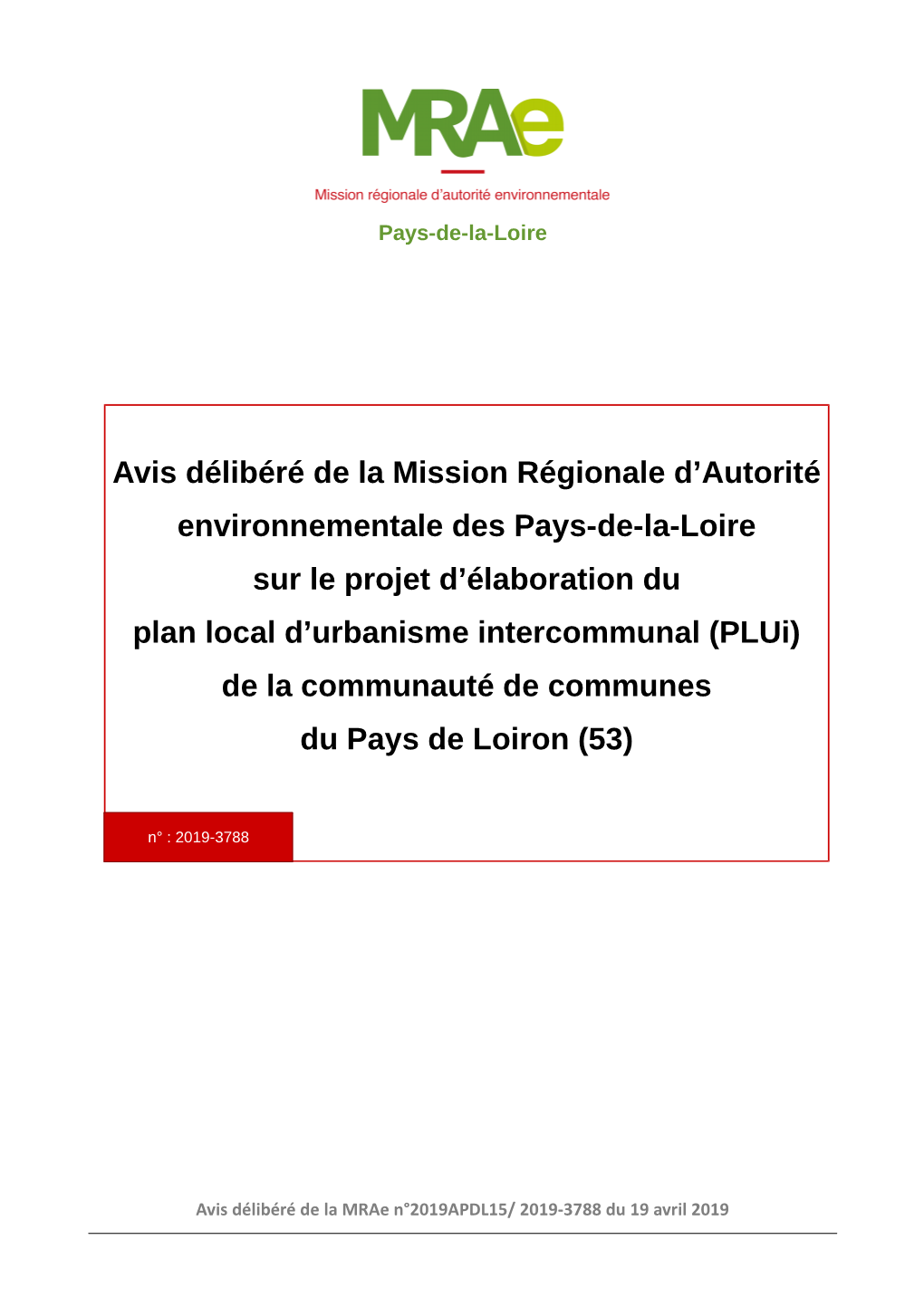 Avis Délibéré De La Mission Régionale D'autorité Environnementale Des Pays-De-La-Loire Sur Le Projet D'élaboration Du