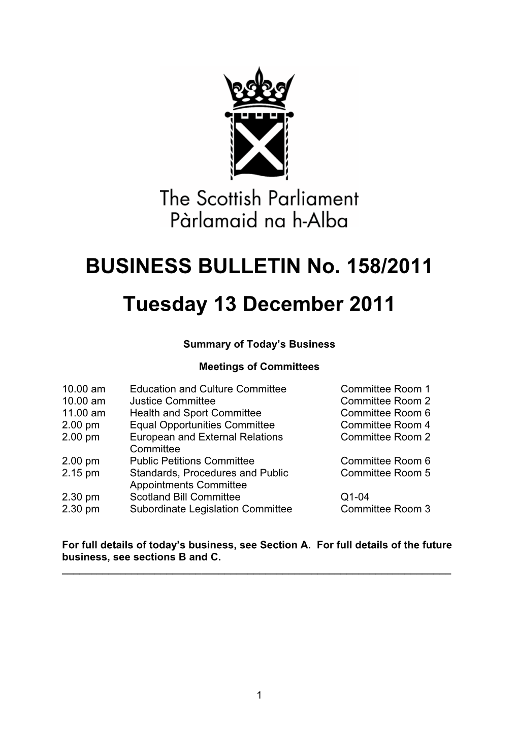 BUSINESS BULLETIN No. 158/2011 Tuesday 13 December 2011