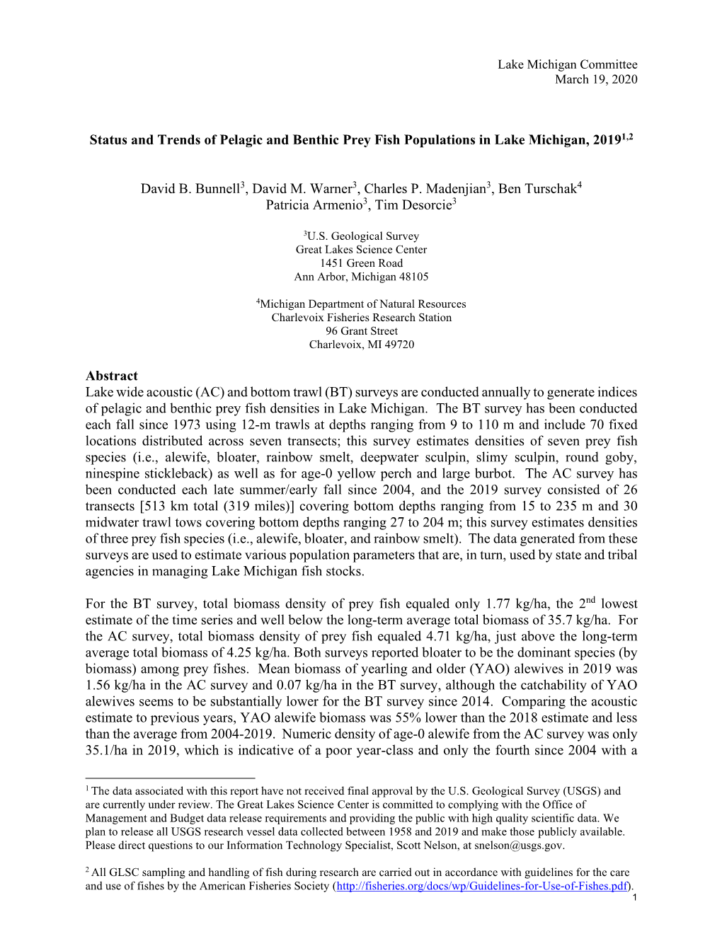 Status and Trends of Pelagic and Benthic Prey Fish Populations in Lake Michigan, 20191,2