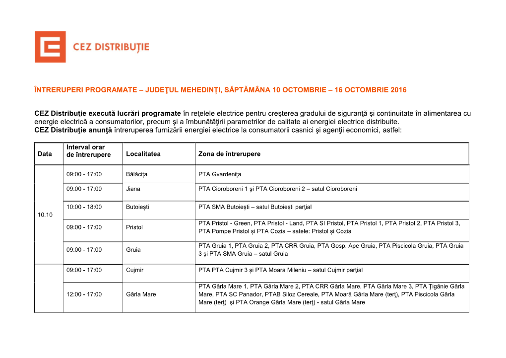 Întreruperi Programate – Judeţul Mehedinți, Săptămâna 10 Octombrie – 16 Octombrie 2016