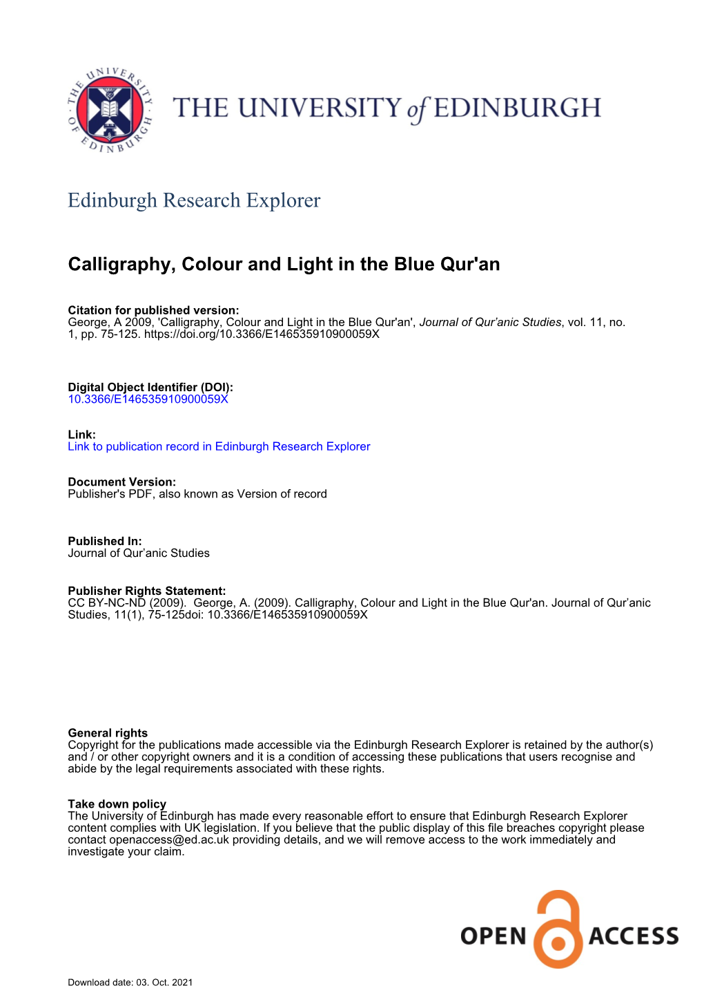 Calligraphy, Colour and Light in the Blue Qur'an