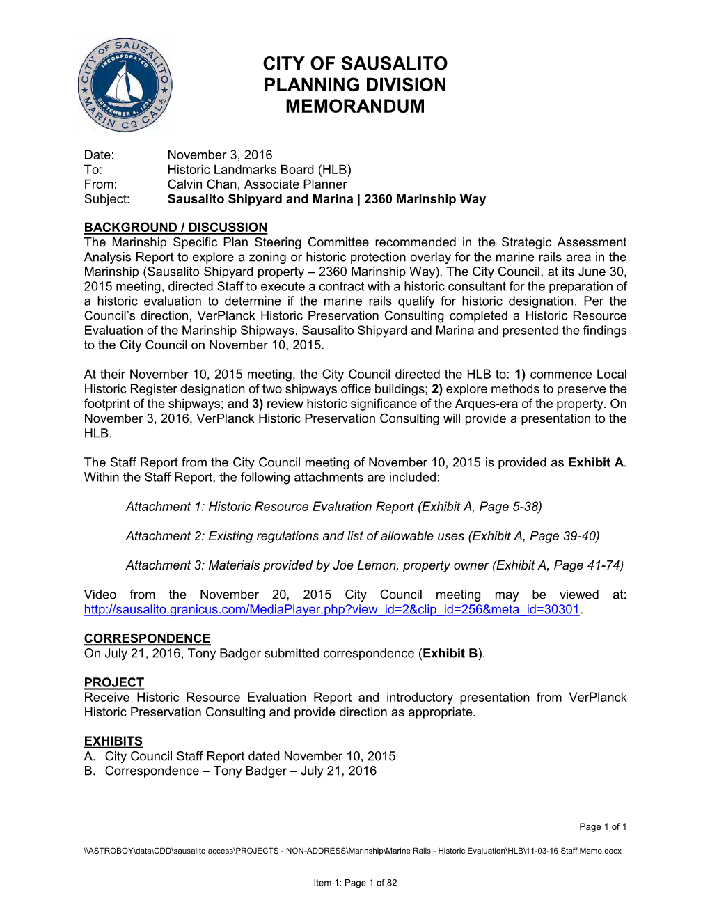 City of Sausalito Planning Division Memorandum