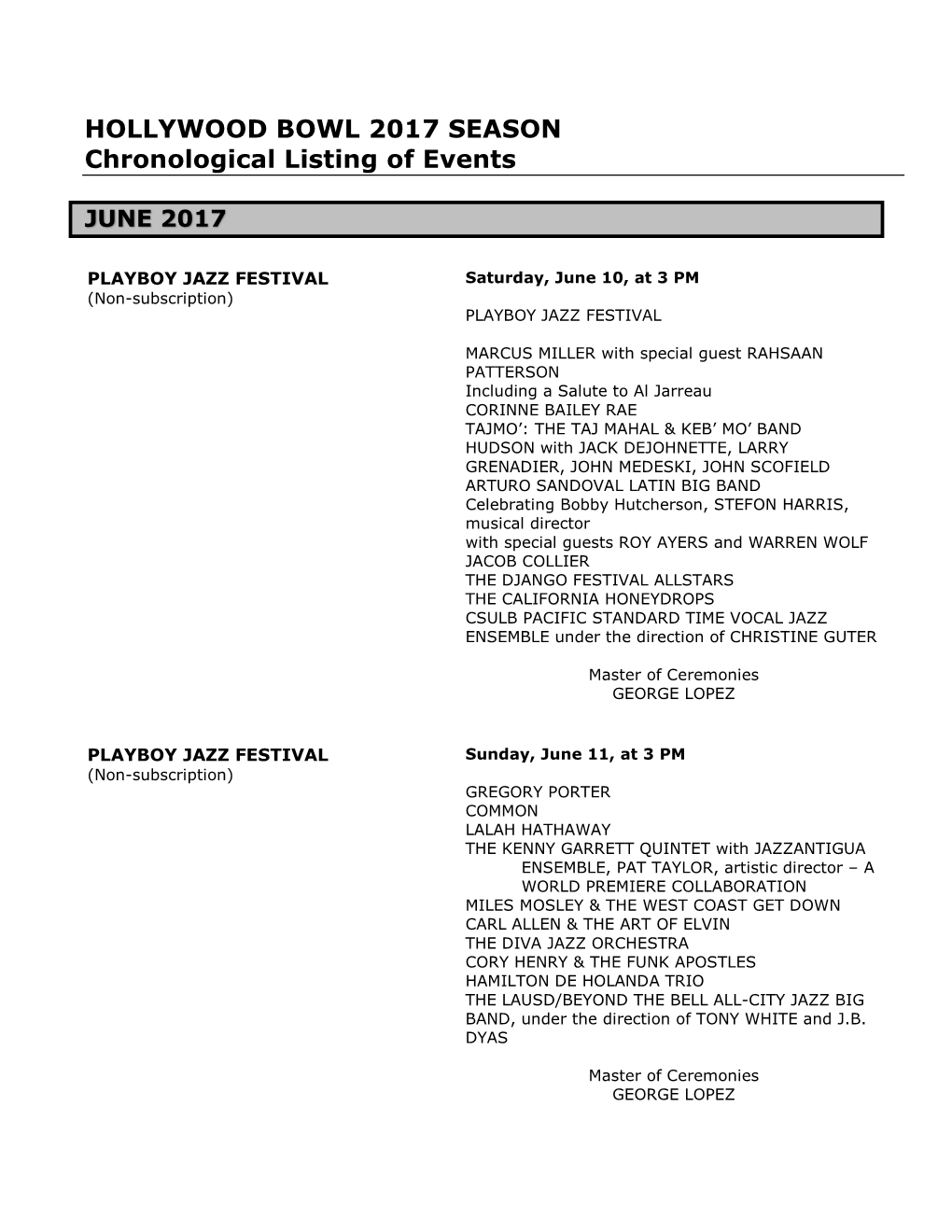 HOLLYWOOD BOWL 2017 SEASON Chronological Listing of Events