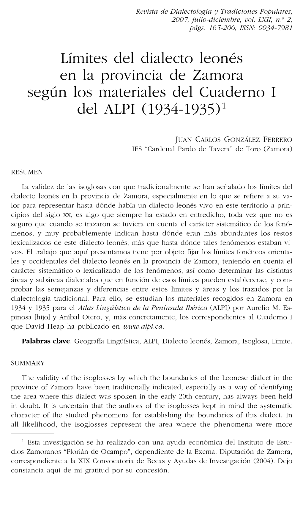 Límites Del Dialecto Leonés En La Provincia De Zamora Según Los Materiales Del Cuaderno I Del ALPI (1934-1935) 1