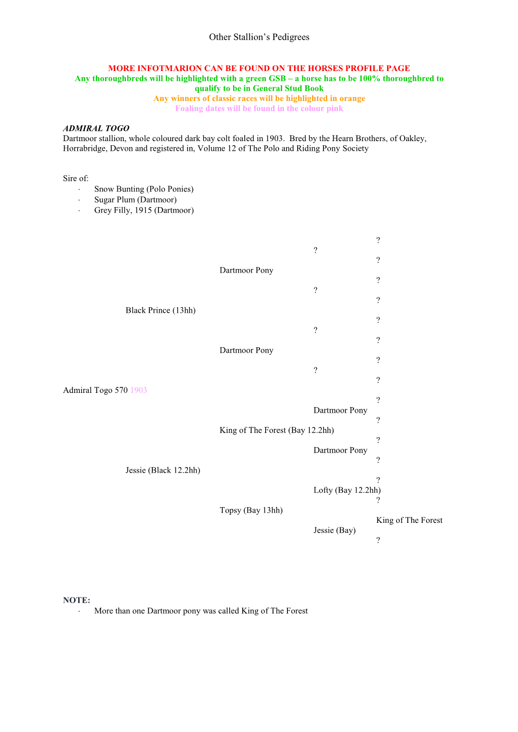 Other Stallion's Pedigrees