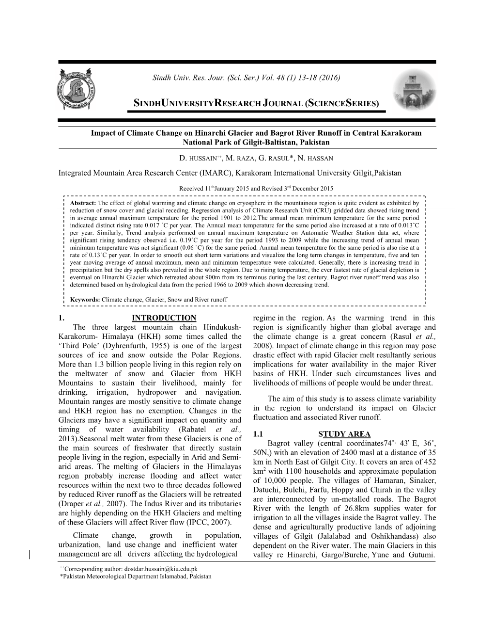 Impact of Climate Change on Hinarchi Glacier and Bagrot River Runoff in Central Karakoram National Park of Gilgit-Baltistan, Pakistan