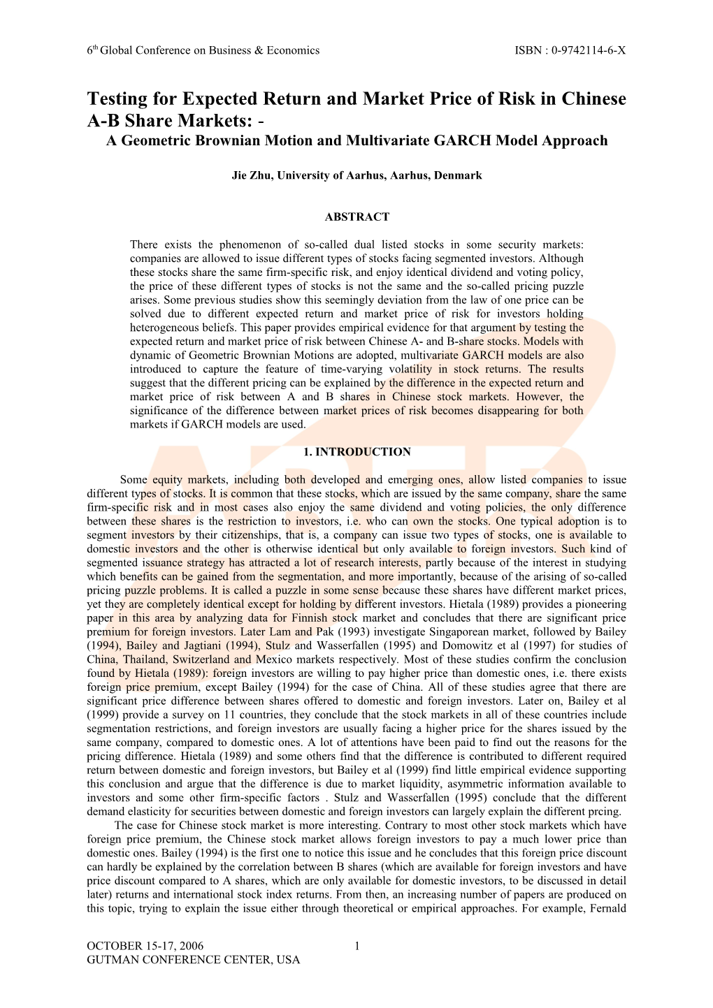 Testing for Expected Return and Market Price of Risk in Chinese A-B Share Markets: a Geometric