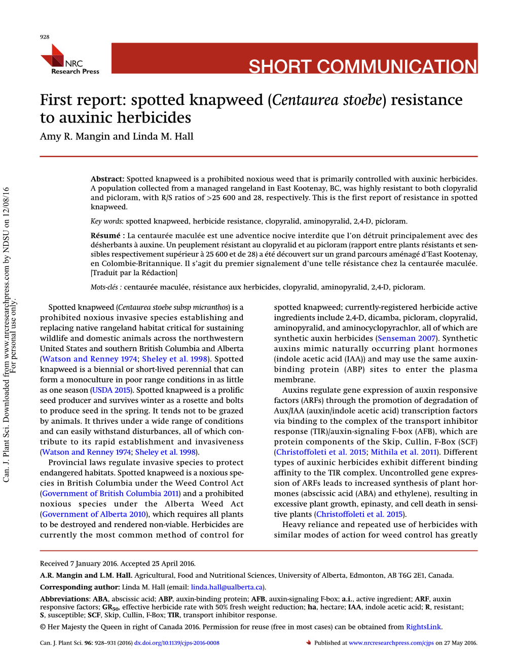 First Report: Spotted Knapweed (Centaurea Stoebe) Resistance to Auxinic Herbicides Amy R