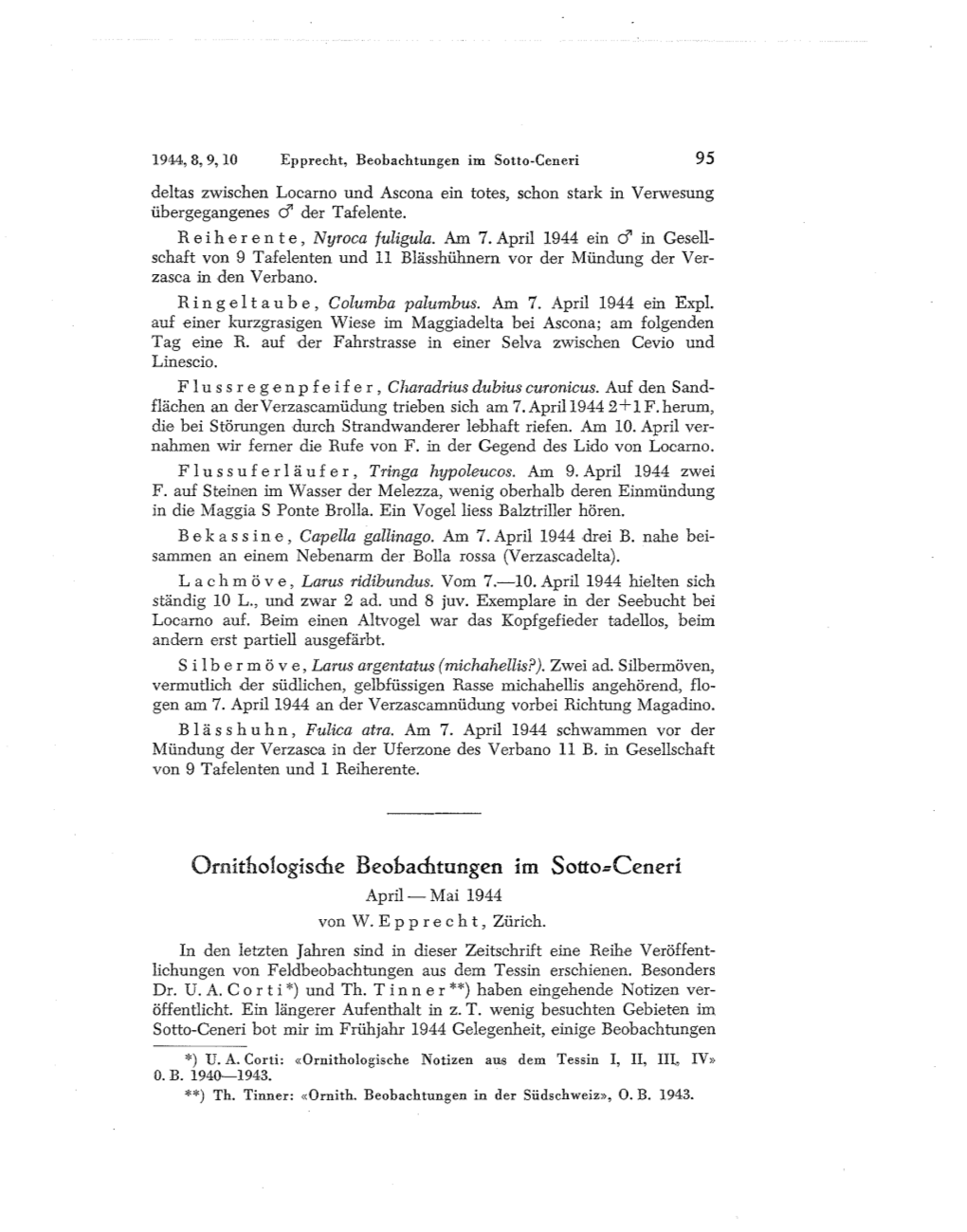 Omithologisme Beobachtungen Im Sotto=Ceneri April- Mai 1944 Von W