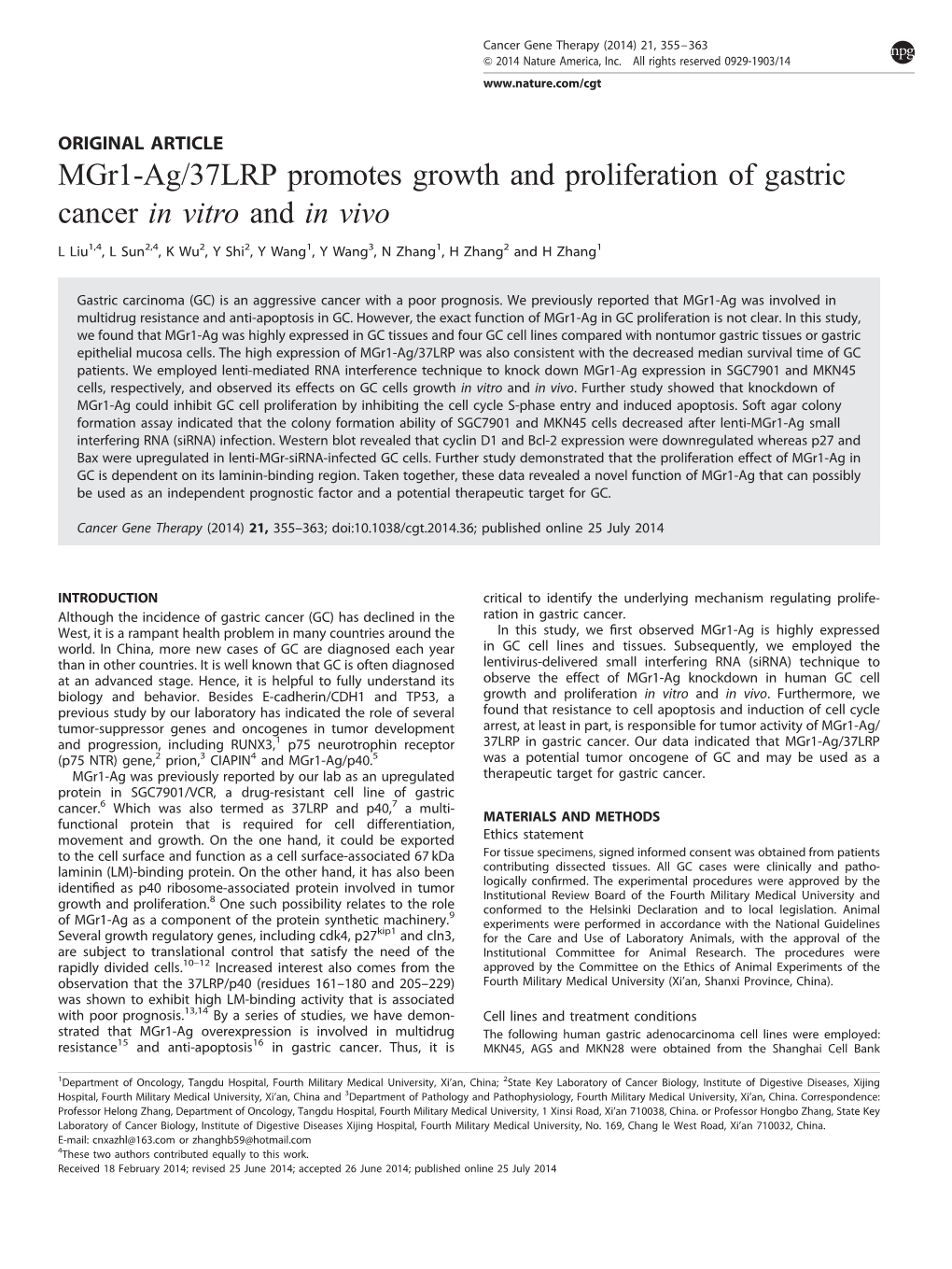 37LRP Promotes Growth and Proliferation of Gastric Cancer in Vitro and in Vivo
