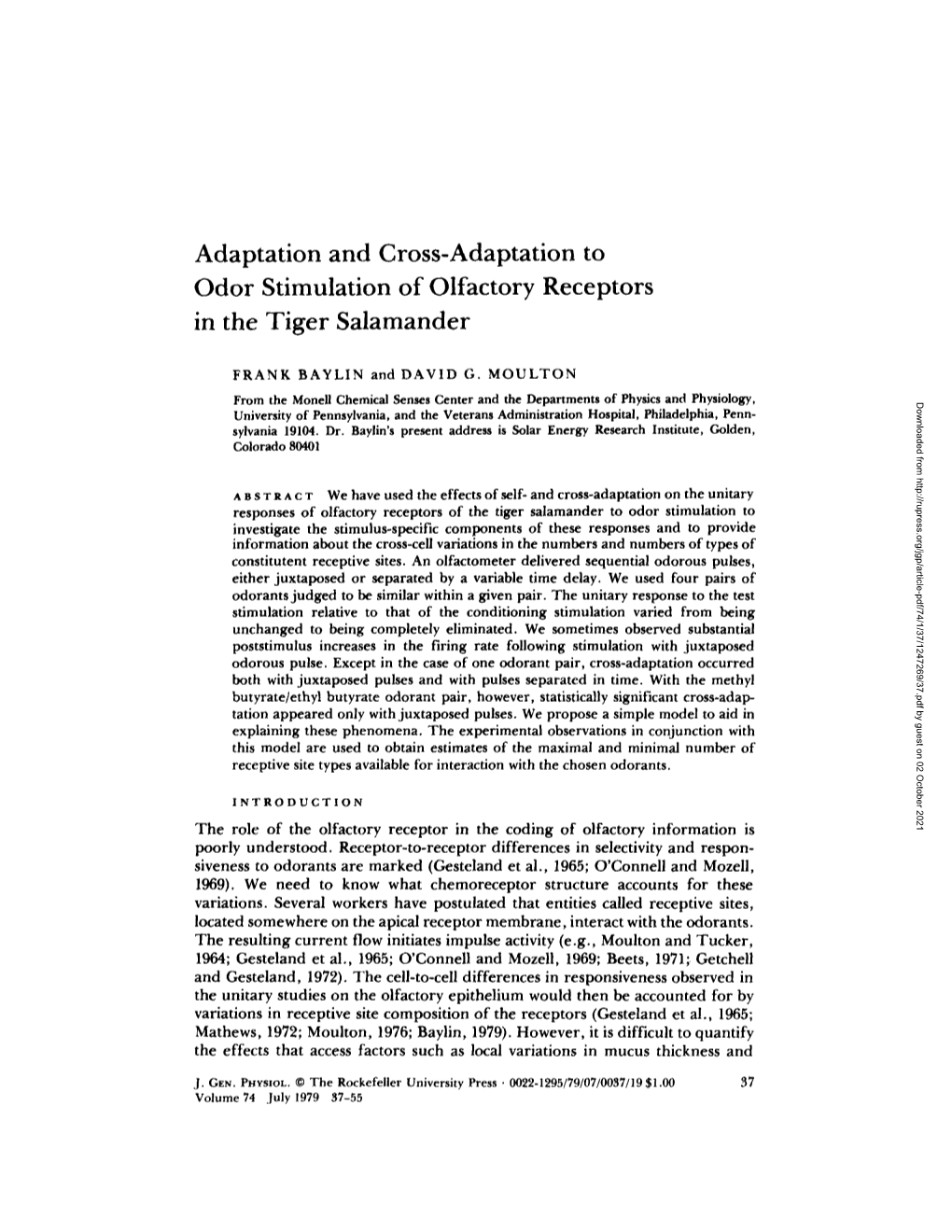 Adaptation and Cross-Adaptation to Odor Stimulation of Olfactory Receptors in the Tiger Salamander